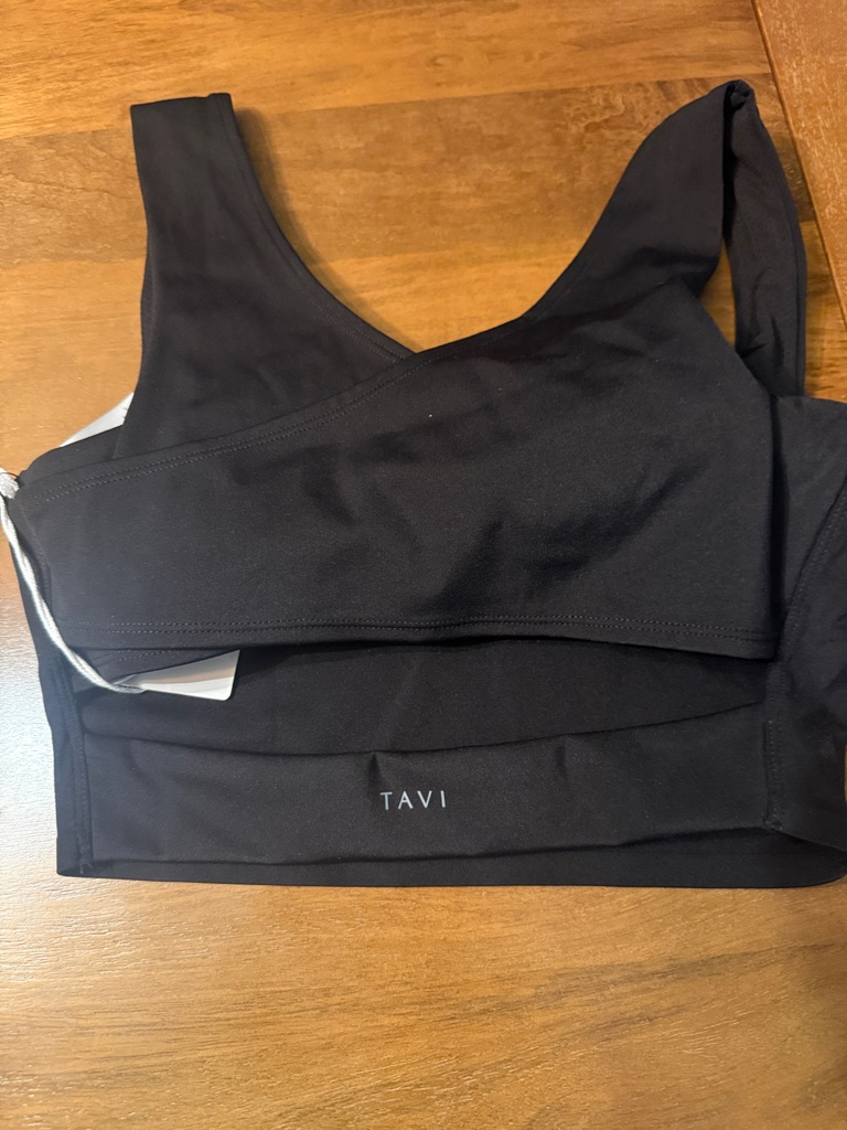 New With Tags Black Scoop Neck Sports Bra With Open Stripe Back. — image 2 of 4
